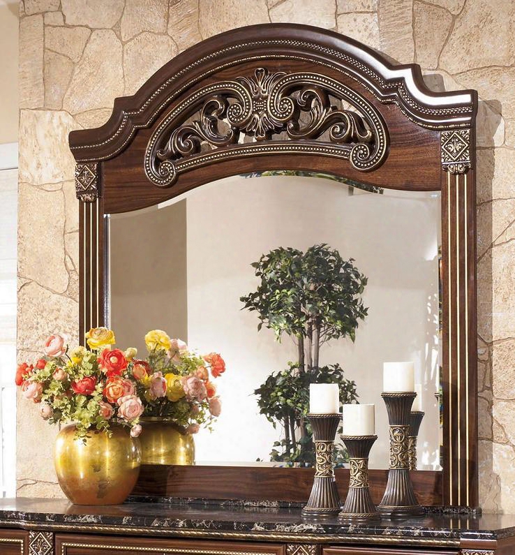 Gabreila B347-36 50" Bedroom Mirror Carved Detailing Accent Beads And Beveled Mirror Glass In Dark Reddish