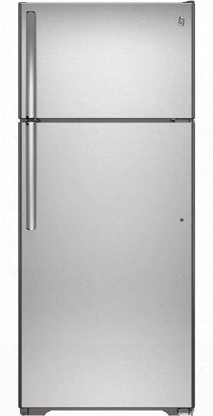 Gie18hshss 28" Top Freezer Refrigerator With 17.6 Cu. Ft. Capacity Factory-installed Icemaker Adjustable Door Bins Upfront Temperature Controls Reversible