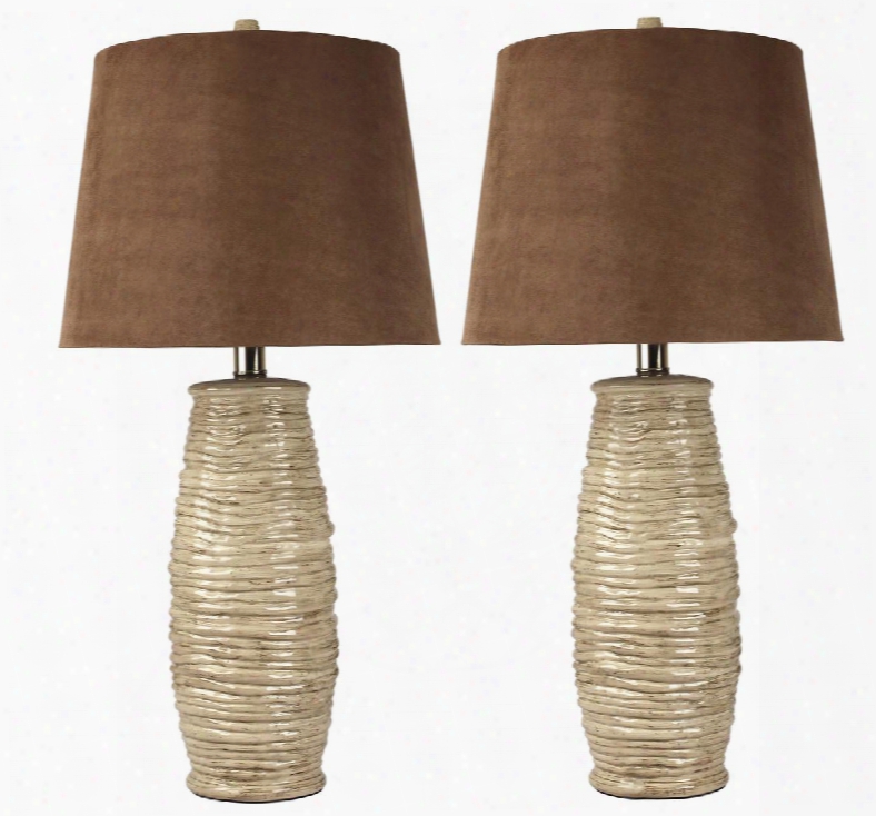 Haldisl136534 Set Of 2 30" Tall Ceramic Table Lamps With Rope Textured Body Modified Drum Shade And 3-way Switch In