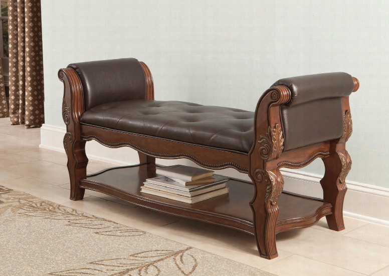 Ledelle Collection B705-09 55" Upholstered Bench With Vinyl Upholstery Tufted Detailing And Lower Shelf In Dark Cherry