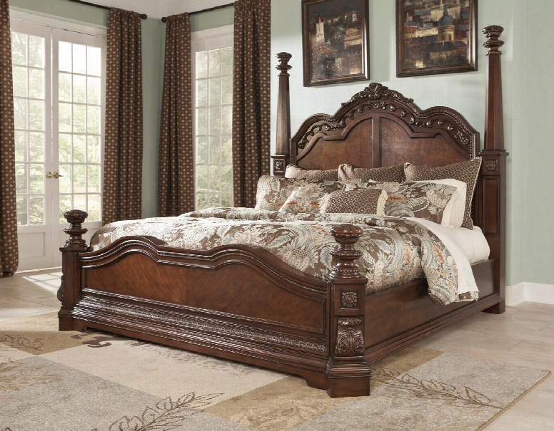 Ledelle Collection B705-51/72/95 Califronia King Size Poster Bed With Elaborately Molded Ornaments Nail-head Accents On The Headboard And Intricate Carvings