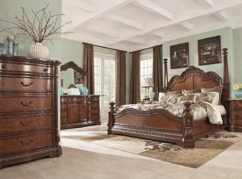 Ledelle Collection King Bedroom Set With Poster Bed Dresser Mirror And Chest In Dark