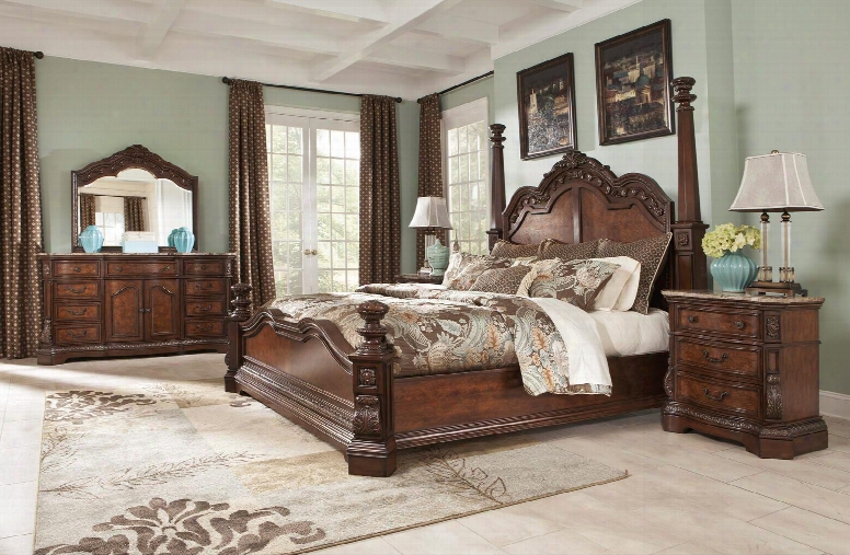 Ledelle Collection King Bedroom Set With Poster Bed Dresser Mirror And Nightstand In Dark