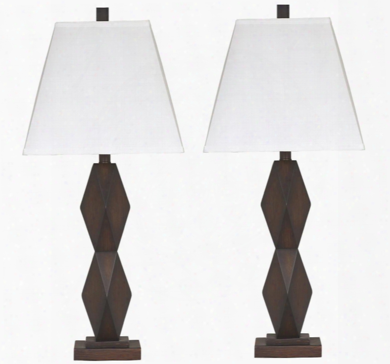 Natane L292154 Set Of 2 30" Tall Poly Table Lamps With Wooden Look Angular Cut Base And 3-way Switch In Dark