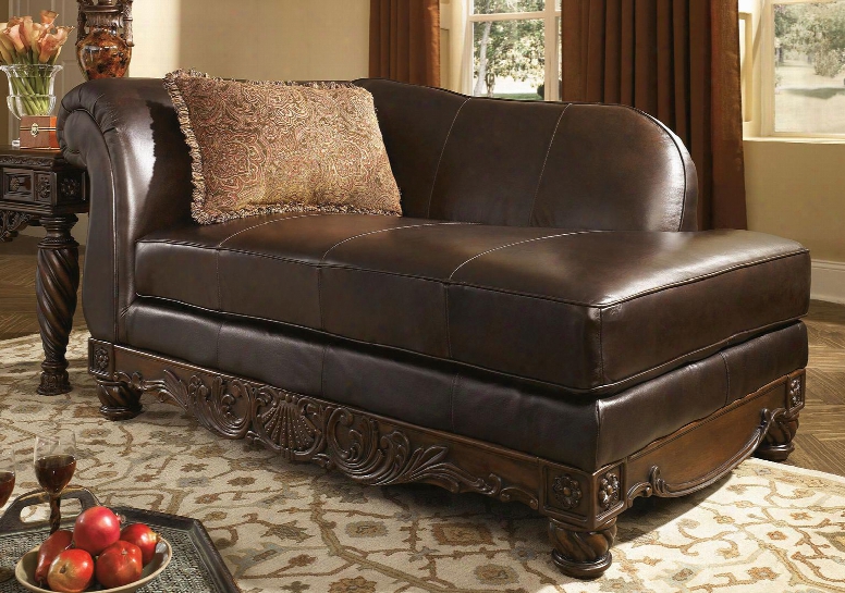 North Shore 2260316 70" Traditional Left Arm Facing Leather Chaise With Detailed Carvings Fringed Pillow And Rolled Arm In Dark