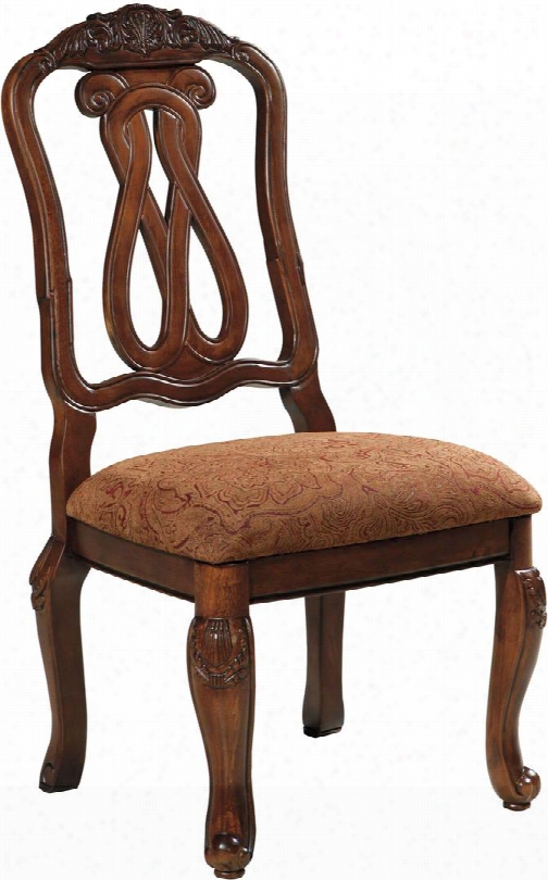 North Shore D553-03 23" Dining Side Chair With Paisley Pattern Fabric Upholstery Scrolled Legs And Carved Detailing In Dark
