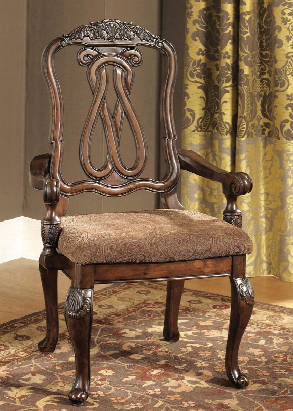 North Shore D553-03a 26" Dining Arm Chair With Paisley Pattern Fabric Upholstery Scrolled Legs And Carved Detailing In  Dark