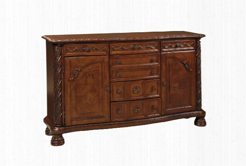 North Shore D553-60 70" Dining Room Server With Decorative Pilasters Ornately Detailed Appliques And Adjustable Shelved