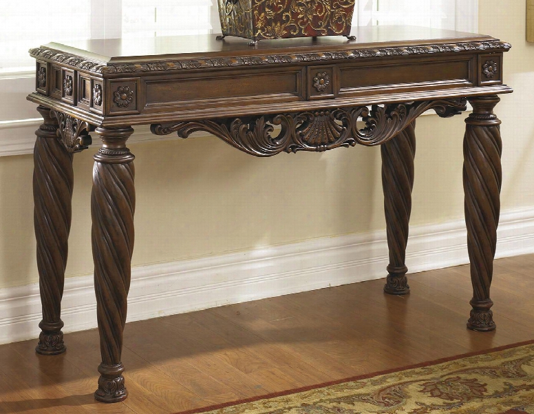 North Shore T963-4 Sofa Table With 2 Drawers Scrolling Accents And Beveled Top In Brown