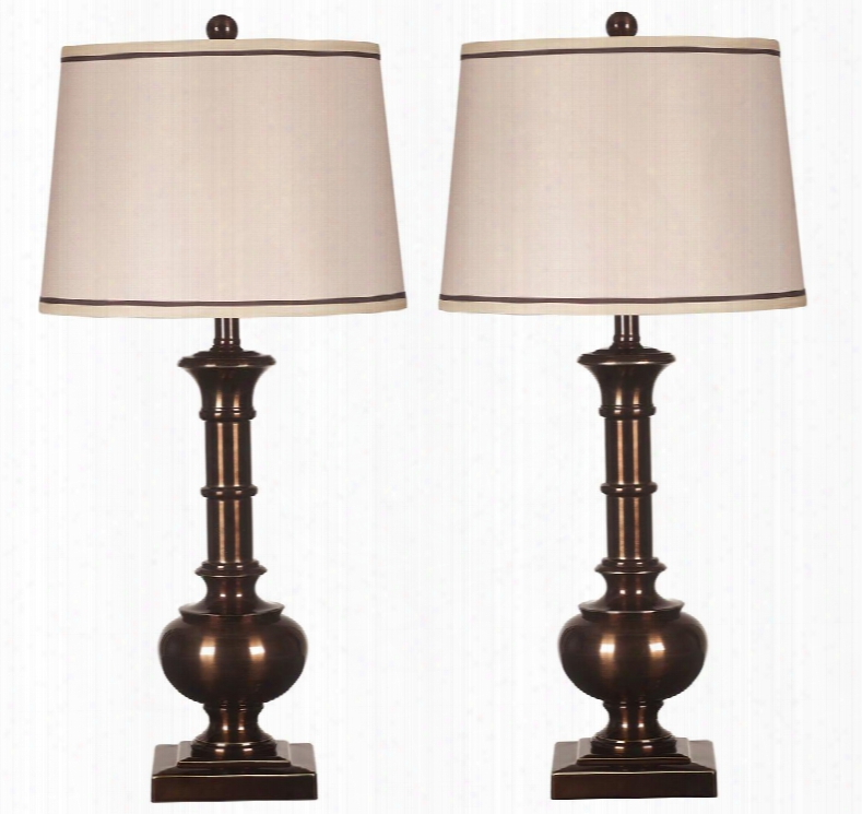 Oakleigh L207944 Set Of 2 30" Tall Metal Table Lamps With Modified Drum Shade 3-way Switch And Spindle-style Base In Bronze