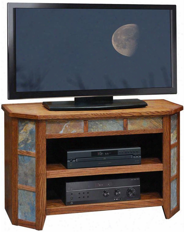 Oc1251.gdo Oak Creek 42"  Angled Cart With 2 Media Shelves Decorative Slate Inlays And Solid Wood Construction In Golden