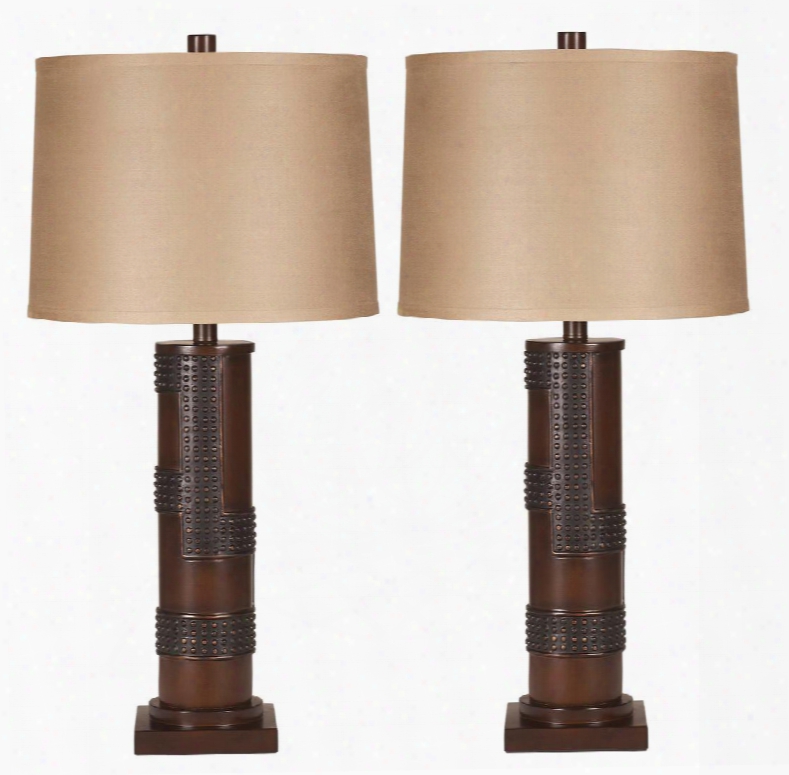 Oriel L311154 Set Of 2 30" Tall Poly Table Lamps With Modified Drum Shade 3-way Switch And Rivet Accents In Antique