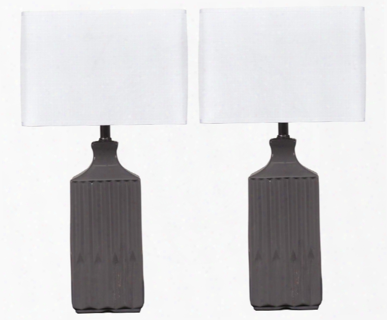 Patience L121844 Set Of 2 25" Tall Ceramic Tabl E Lamps With Ribbed Textured Body Square Hardback Shade And 3-way Switch In