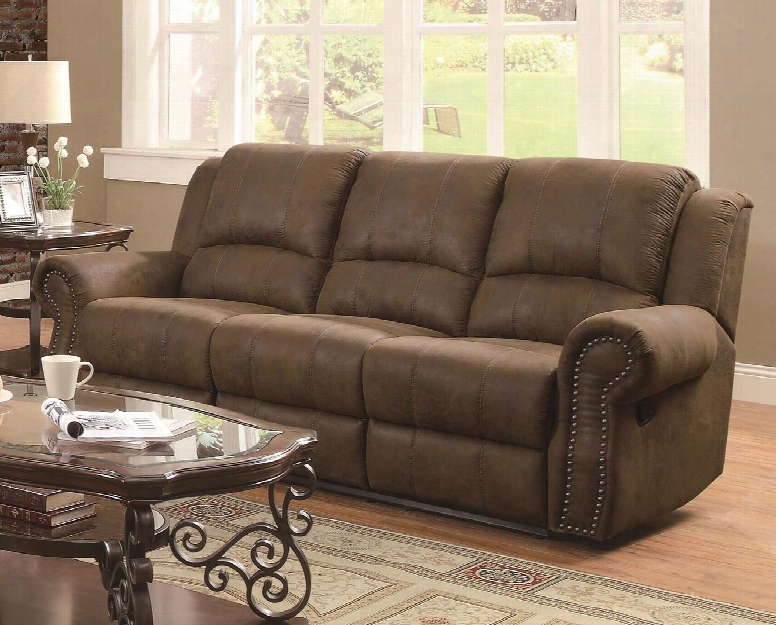 Sir Rawlinson Collection 650151 90" Reclining Sofa With Rolled Arms Nail Head Trim And Split Bustle Back Cushions In Brown