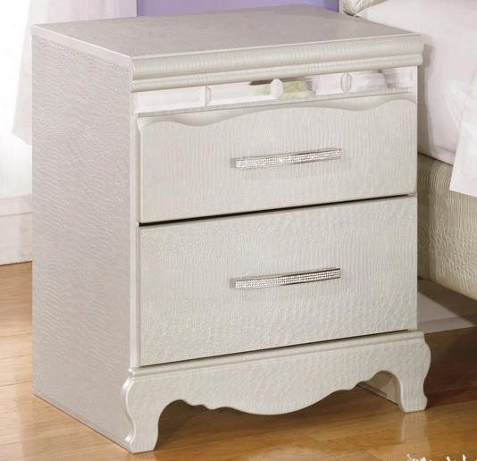 Zarollina Collection B182-92 20" Night Stand With Two Drawers Bedazzled Drawer Pulls And Faux Crocodile Skin Print In Silver