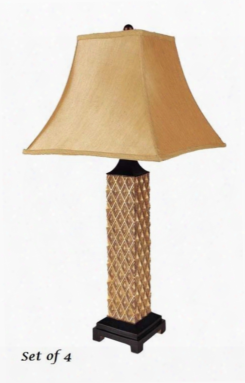 03158 Set Of 4 31" High Table Lamps With Golden Diamond Accents Brown Fabric Shade And Wooden Base In