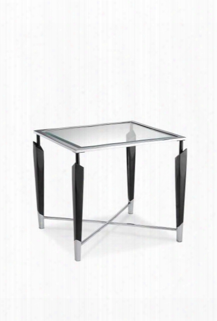910-022 Hollywood End Table With Chrome Plated Frame Beveled Glass Top Gloss Black Legs Capped And A Metal Cross