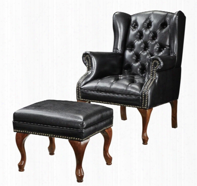 Stress  Seating 900262 31" Accent Chair And Ottoman With Wing Back Rolled Arms Espresso Cabriole Legs And Faux Leather Upholstery In Black