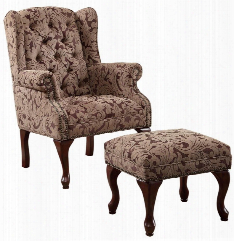 Accent Seating Collection 3932b Wing Back Chair And Ottoman Set With Nail Head Trim Rolled Arms Cabriole Legs And Chenille Upholstery In Warm Brown