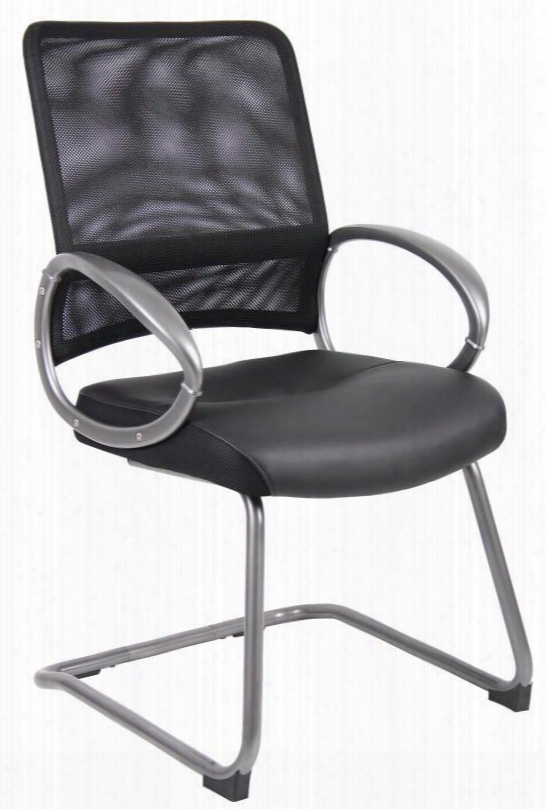 B6409 39" Guest Chair With Mesh Back Loop Arms And Pewter Finished Cantilever Sled Base In Upholstered In Black Leatherplus And Breathable