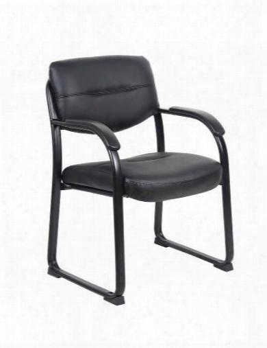 B9519 34" Leather Sled Base Side Chair With Curved Arms Black Scratch Resistant Steel Frame And Thick Contoured Cushions In Black