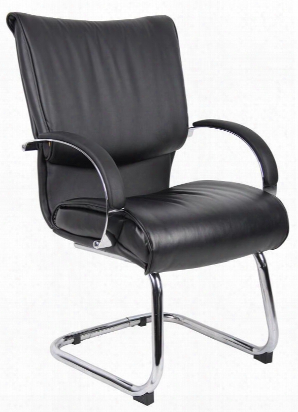 B9709c 40" Mid Back Executive Chair With Chrome Base And Arms Dacron Filled Cushions And Sled Base In Black Leatherplus