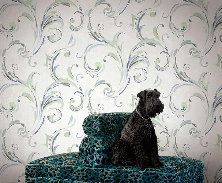 Belle Scrolled Wallpaper In Ivory And Blues By Carl Robinson For Seabrook Wallcoverings