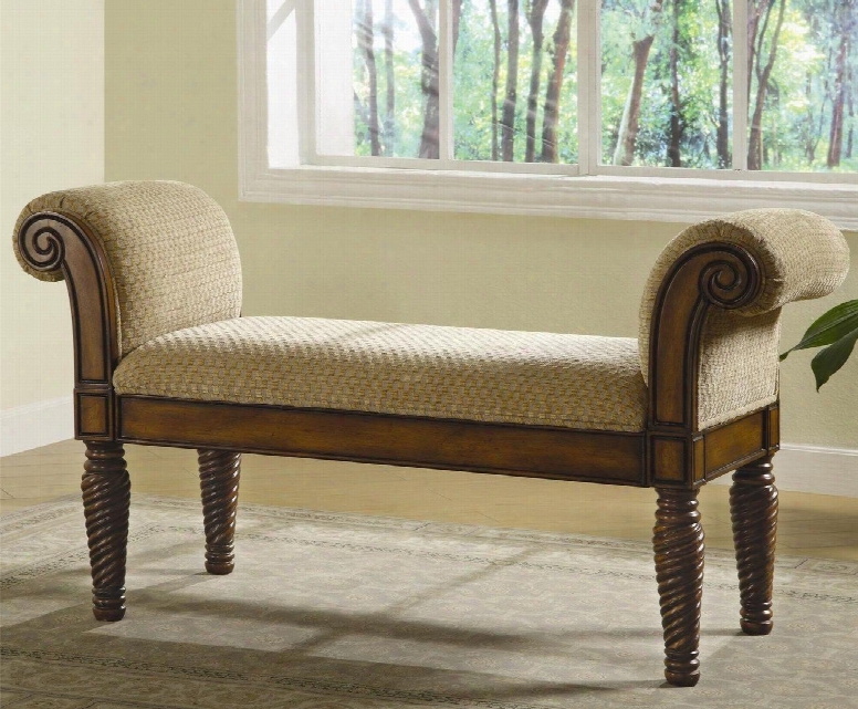 Benches Collection 100224 48" Bench With Rolled Arms Nail Hear Trim Turned Post Legs And Chenille Fabric Upholstery In Camel Brown