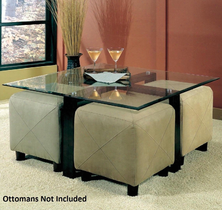 Cermak 700026 40" Cocktail Table With Tempered Glass Top Square Shape Beveled Edge And Metal Base In Black