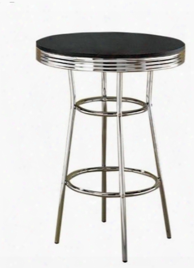 Cleveland 2405 41.75" 50's Soda Fountain Bar Table With Round Black Top Retro Design Rippled Metal Rim Foot Rest And Metal Construction In Silver