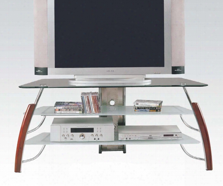 Martini 02730 50" Tv Stand With 8mm Clear Beveled Glass Top Wood And Curved Metal Legs In Brown Cherry