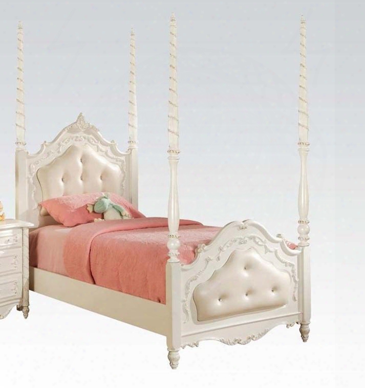 Pearl Collection 11000t Twin Size Poster Bed With Scrolled Trim Padded Curved Headboard And Poplar Wood Construction In Pearl White