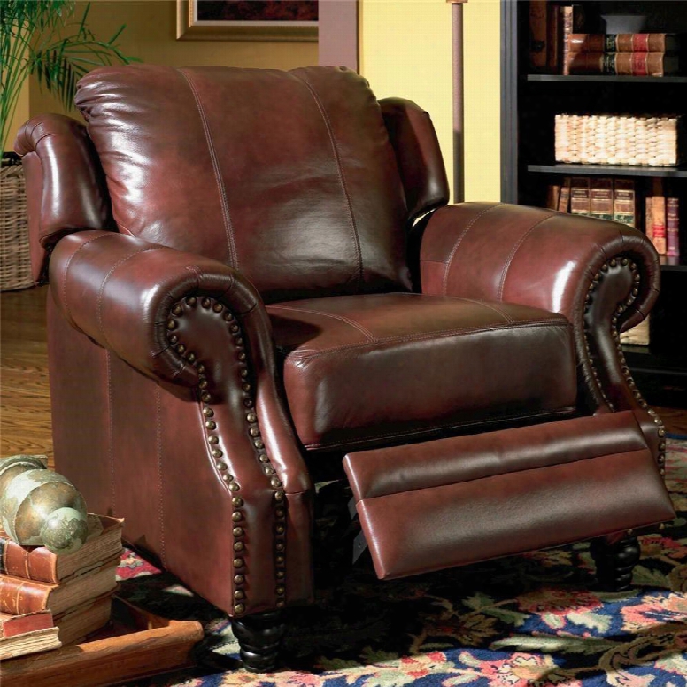 Princeton 500663 45" Push-back Recliner With Rolled Arms Nail Head Trim Attached Seat Cushion Solid Wood Legs And Leather Upholstery In Burgundy