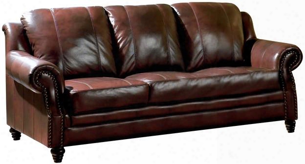 Princeton Collection 500661 84" Sofa With Rolled Arms Turned Legs Nail Head Trm Attached Cushions And Leather Upholstery In Burgundy