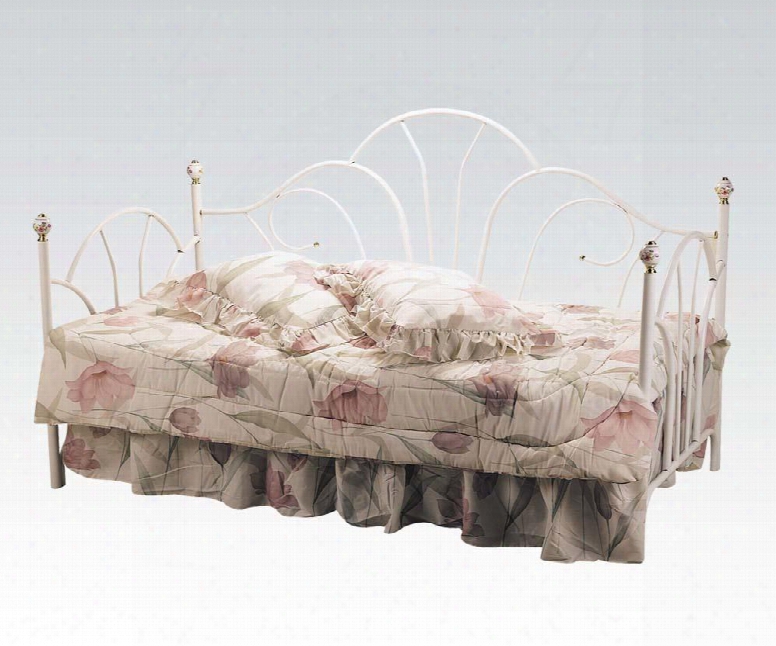 Provence Collection 02076w Daybed With Metal Porcelain Knobs Metal Tubing Curled Accents And Round Finials In White