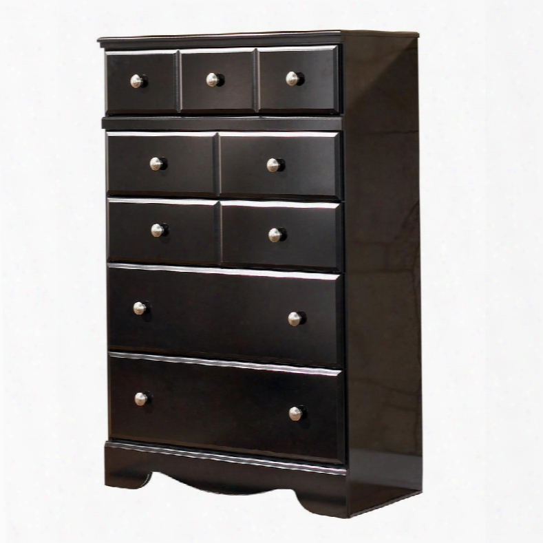 Shay B271-46 32" 5-drawer Chest With Beveled Drawer Fronts Side Roller Glides And Satin Nickel Colored Knobs In An Almost Black