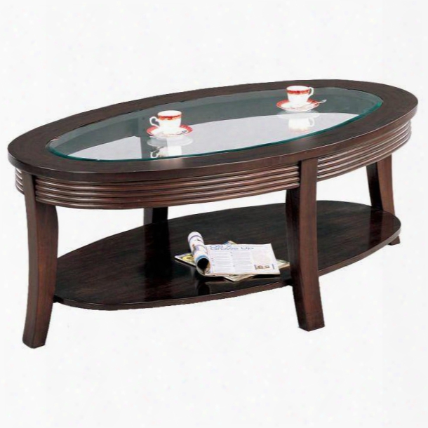 Simpson Collection 5525 52" Coffee Table With Beveled Glass Top Flared Tapered Legs Carved Sides Oval Shape And Bottom Shelf In Cappuccino