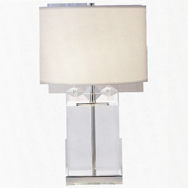 Block Table Lamp In Crystal & Polished Silver W/ Cotton Shade Design By Thomas O'brien