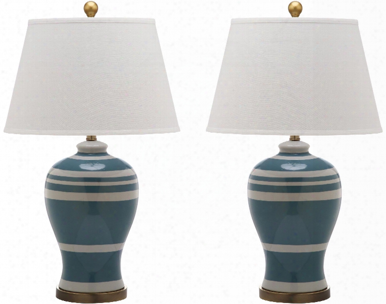 Set Of Two  Pottery Stripe Ginger Jar Lamps In Blue Design By Safavieh