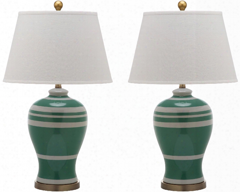 Set Of Two Pottery Stripe Ginger Jar Lamps In Green Design By Safavieh