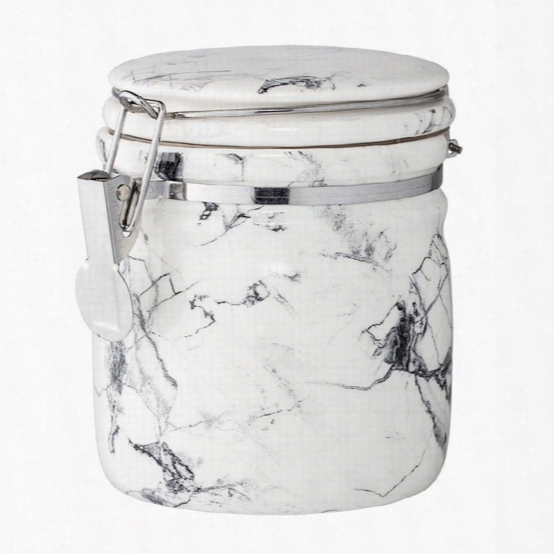 Small Porcelain Canister W/ Stainless Steel Clasp In Marbled White & Grey Design By Bd Edition