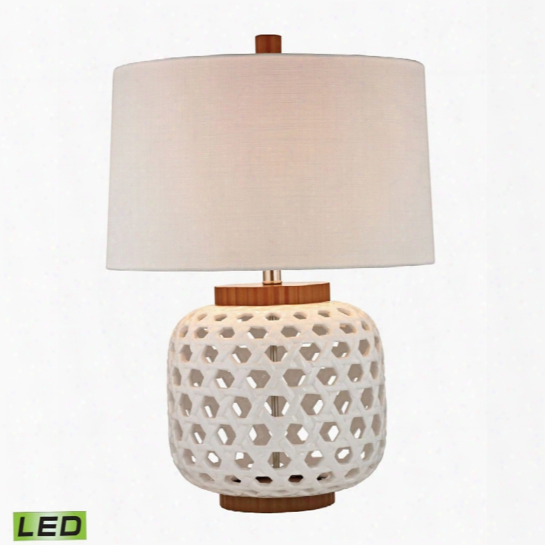 Woven Ceramic Led Table Lamp In White And Wood Tone Contrivance By Lazy Susan