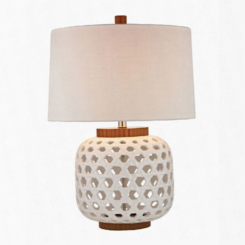 Woven Ceramic Table Lamp In Wihte And Wood Tone Design By Lazy Susan