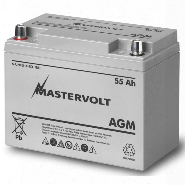 Mastervolt Agm 12/55 12v Agm Battery, Group 24, 55 Ah, 480 Cca, 10 1/8"l X 8 3/16"w X 5 3/16"h, Weighs 37.5lb.