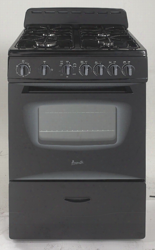 Avanti Gr2415cb 24 Inch Freestanding Gas Range With 4 Sealed Burners, 2 Oven Racks, Bake, Broil, Glass Door, Interior Light, Broiling Grid And Tray, Storage Drawer, Integrated Backsplash And Ada Compliant: Black