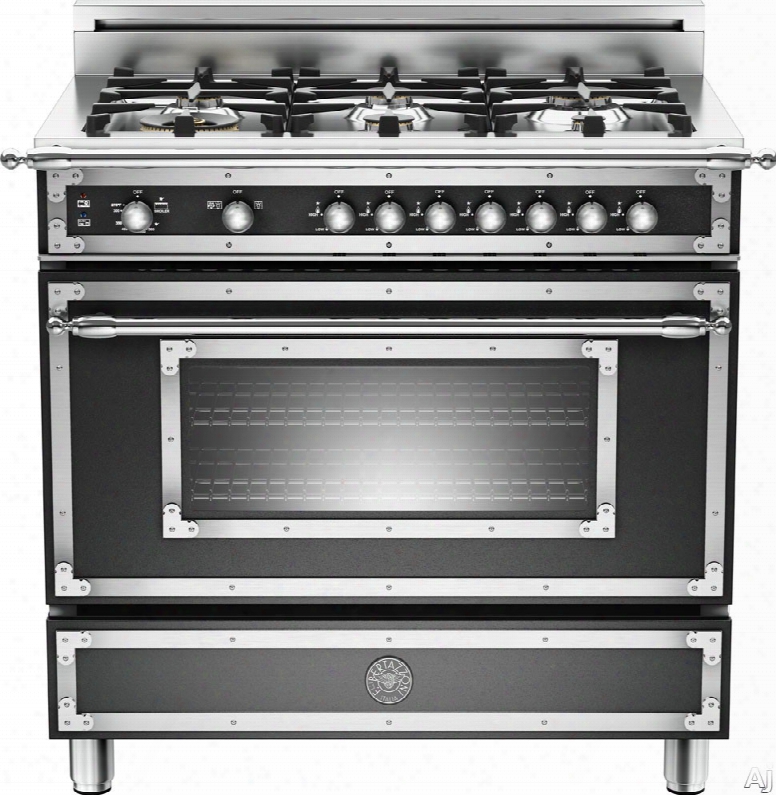 Bertazzoni Heritage Series Her366gasne 36 Inch Traditional-style Gas Range With 6 Sealed Brass Burners, 4.4 Cu. Ft. Convection Oven, Manual Clean, Storage Comparrtment And Telescopic Glide Shelf: Matte Black, Natural Gas