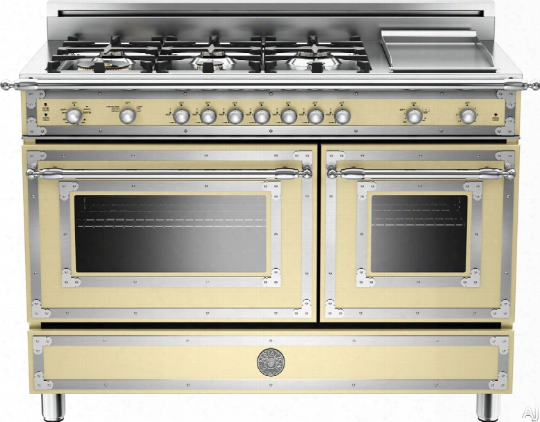 Bertazzoni Heritage Series Her486ggas 48 Inch Traditional-style Gas Range With 6 Sealed Brass Burners, 3.6 Cu. Ft. Main Convection Oven, Manual Clean, Electric Griddle And Storage Compartment