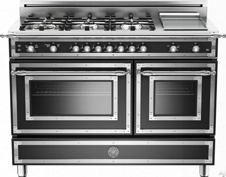 Bertazzoni Heritage Series Her486ggasne 48 Inch Traditional-style Gas Range With 6 Sealed Brass Burners, 3.6 Cu. Ft. Main Convection Oven, Manual Clean, Electric Griddle And Storage Compartment: Matte Black, Natural Gas