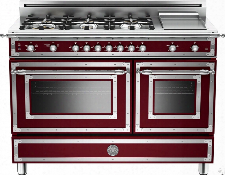 Bertazzoni Heritage Series Her486ggasvilp 48 Inch Traditional-style Gas Range With 6 Sealed Brass Burners, 3.6 Cu. Ft. Main Convection Oven, Manual Clean, Electric Griddle And Storage Compartment: Matte Red Wine, Liquid Propane