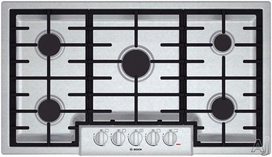 Bosch 800 Series Ngm8655 37 Inch Gas Cooktop With Automatic Re-ignition, Continuous Grates, Centralized Controls, Lp Convertible, 18,000 Btu Center Burner, 59,500 Btu Burners, Low-profile Design, 5 Sealed Burners And Metal Knobs